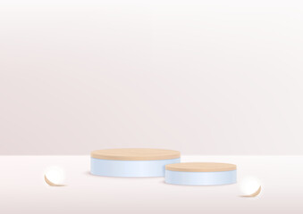 Abstract realistic 3D minimal scene with geometric forms. cylinder wood podium set with pastel.