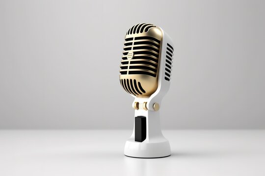 Gold vintage microphone 3D render style over white background. Generative AI Illustration