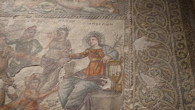 Mythology scene mosaic in The House of Aion villa in Archaeological Park in Paphos, Cyprus