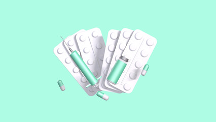 3D illustration pills in a blister, vaccine, syringe and pills on a turquoise background