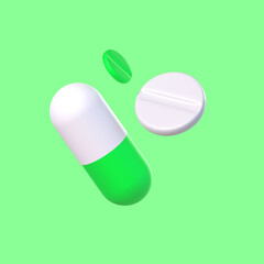 3D illustration of pills on a green background
