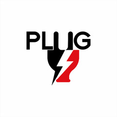 Plug word logo design with thunderbolt symbol.