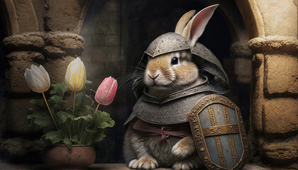 the easter bunny in the middle ages, knight armor and shield, tulips