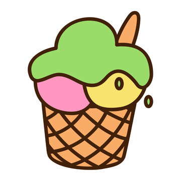 Cute doodle cup with three scoops of ice cream from the collection of girly stickers. Cartoon vector color illustration.