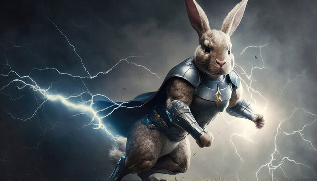 easter bunny depicted as superhero, muscular, lightning flying through the air