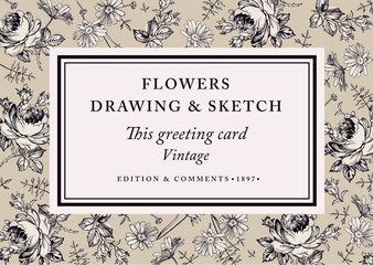 Roses Wedding marriage thanks invitation isolated floral. Beautiful blooming flowers fabric. Vintage greeting card Frame Drawing engraving. Wallpaper background. Vector baroque Illustration