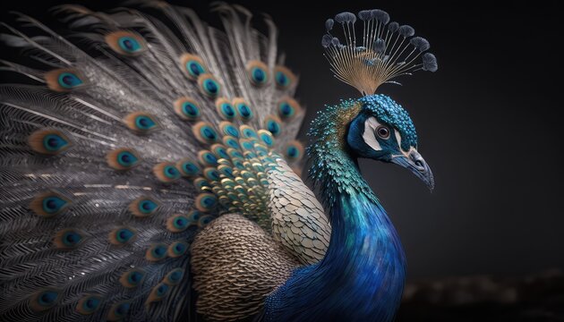 Beautiful peocock on night scene, a beautiful peacocks shining feathers on night background and glowing effect, close up peocock 4k HD walpaper