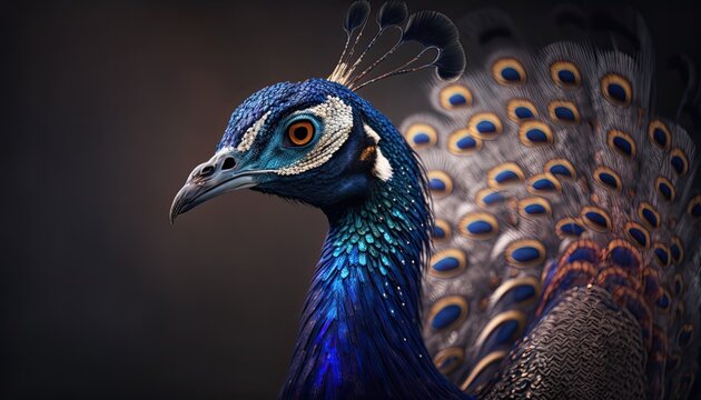 Close up peocock 4k HD walpaper, a beautiful peacocks shining feathers on night background and glowing effect