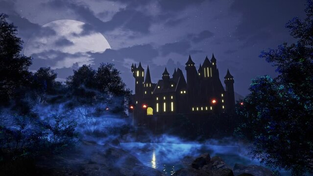 A mysterious castle shrouded in mist and illuminated by the light of the night moon.