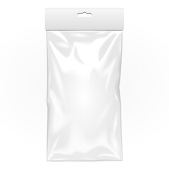 Mockup Blank Plastic Pocket Bag. Transparent. With Hang Slot. Illustration Isolated On White Background. Mock Up Template Ready For Design. Vector EPS10