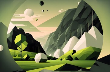 Stylized abstract landscape with a dominant green color scheme