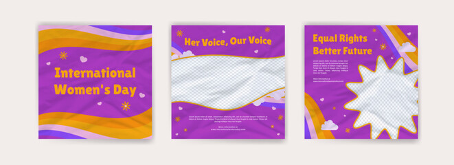 Vector retro set of social media post templates for international women's day. Vintage frame in 90's style. Collection of banners for women's solidarity and freedom. Social media design.