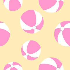 Pink beach ball in cartoon flat style seamless pattern. Vector illustration isolated on light background.