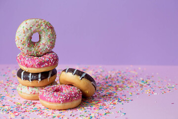 Delicious dessert. Pink, chocolate and white donuts with multicolored sprinkles on a purple background of Sweets. Confectionery products.