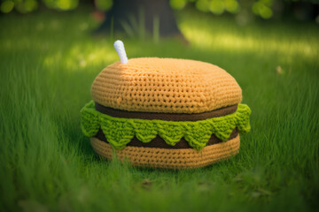 burger shape knitting art illustration for photos in cafes, restaurants, dining rooms, colorful, realistic