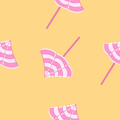 Pink beach umbrella seamless pattern. Vector illustration in cartoon flat style isolated on orange background