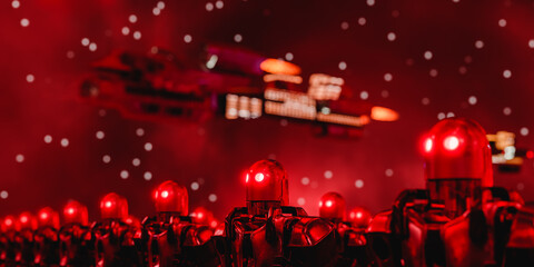 Row of similar robots with neon eyes standing under starry sky. 3d render © DMegias