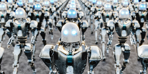 Many chrome robots in lines 3d render