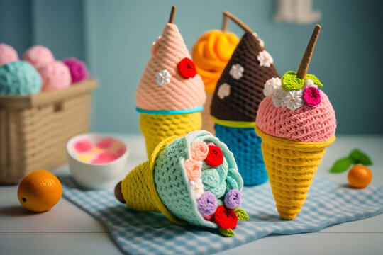 illustration of knitting art in the form of ice cream for photos in cafes, restaurants, dining rooms, colorful, realistic