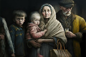 Close-up of Ukrainian family before leaving, Ukrainian war concept. Terrible concept. Generative AI