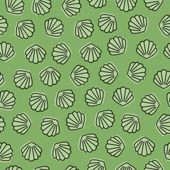 Green seamless pattern with seashell