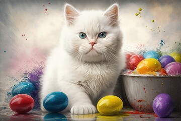 Fototapeta na wymiar a photo-realistic easter season illustration of a white, cute, fluffy cat surrounded by colorful easter eggs