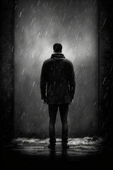 Generative AI Illustration.A gloomy dark concept of a dark figure of a man shrouded in fog and standing with his back to the camera. It's raining.