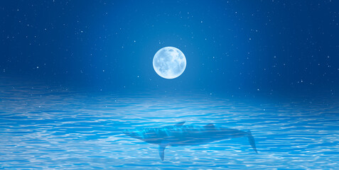 Surreal dream image of big whale flying over blue clouds with full moon in the background - Night landscape concept "Elements of this image furnished by NASA " © muratart