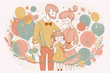 Obraz premium a minimalist illustration of a happy loving family with kids, portrait in pastel colors