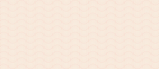 Decorative soft pink wallpaper with rainbows. Delicate, light-toned pattern with semicircles. Poster for accent wall with arches. Wall decor and mural for nursery. Vector background.  © blossomstar