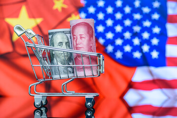 Trade tension, trade war, commercial conflict between US and China, economic concept : US dollar...