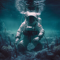 astronauta dentro da água, oceano, ilustração - Generative AI
