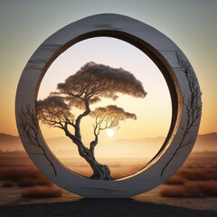 sunrise and zen circular tree illustration - Generative AI