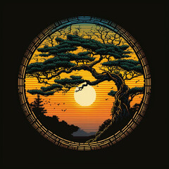 sunrise and zen circular tree illustration - Generative AI