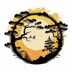 sunrise and zen circular tree illustration - Generative AI