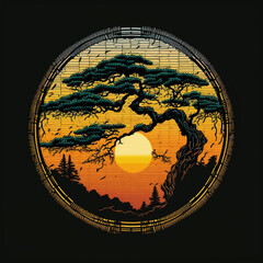 sunrise and zen circular tree illustration - Generative AI