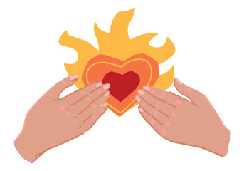 Hands holding burning heart. Love, passion concept cartoon vector illustration. Flat simple clipart isolated on white.