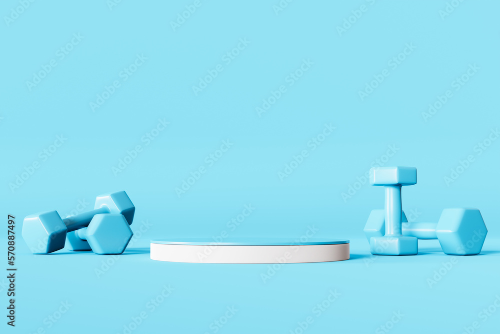 Poster 3D illustration. Dumbbells and empty podium for product display on an isolated background