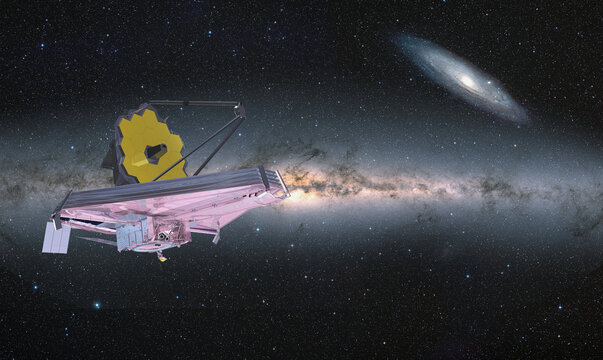 James Webb Space Telescope in Space Milky way in the background "Elements of this image furnished by NASA "