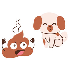 Flat Vector illustration of cute dog pooping or defecating during walk isolated on white background. Purebred domestic animal performing daily activity. Funny poo shit character with friend