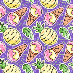 Ice cream and pineapple, summer and refreshing pattern, vector seamless pattern in the style of doodles, hand drawn