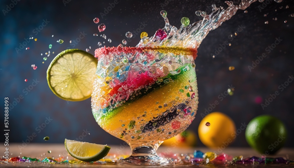 Poster a glass filled with liquid and a lime slice on top of a table next to other fruit and vegetables on 