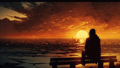 human on a bench back watches the sunset in the distance