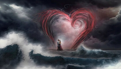 lovers in undulating waves in fog, heart-shaped swirl