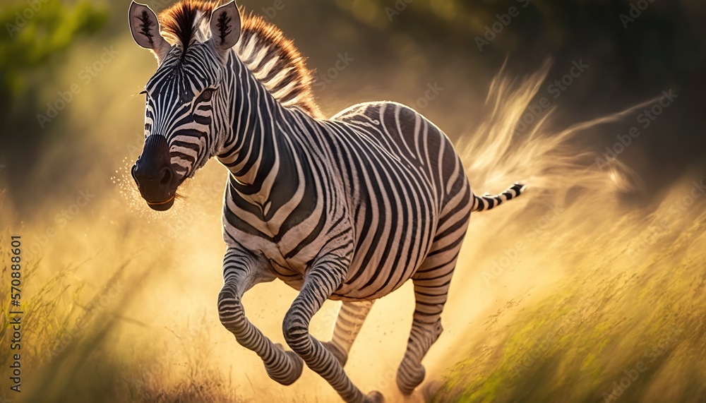 Poster a zebra running through a field of tall grass with the sun shining on it's back end and head turned 