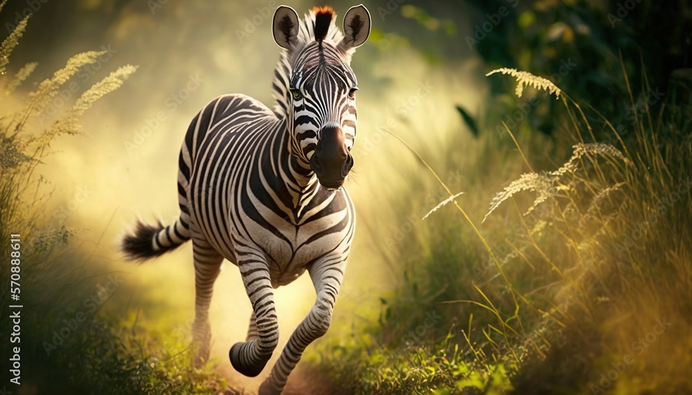 Poster a zebra running through a grassy field with tall grass in the foreground and sunlight shining throug
