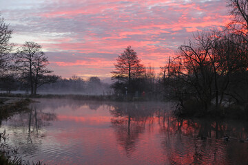 Winter sunrise along the River Wey, Godalming, Surrey, UK.