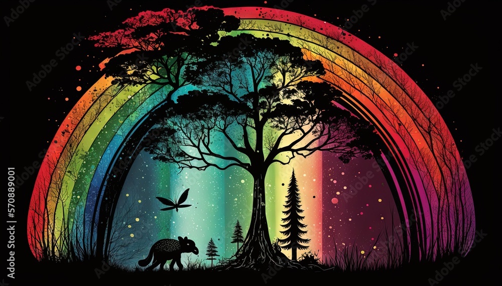 Poster a bear and a bird under a rainbow colored tree with a bird in the foreground and a bird in the foreg