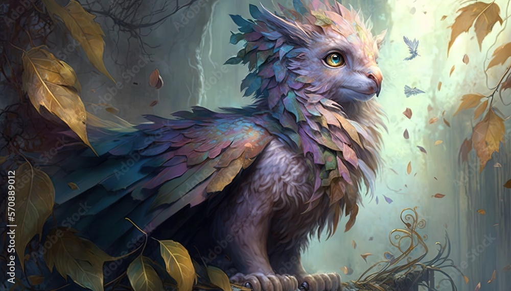 Poster a painting of a bird sitting on top of a tree branch in a forest with lots of leaves on the ground a