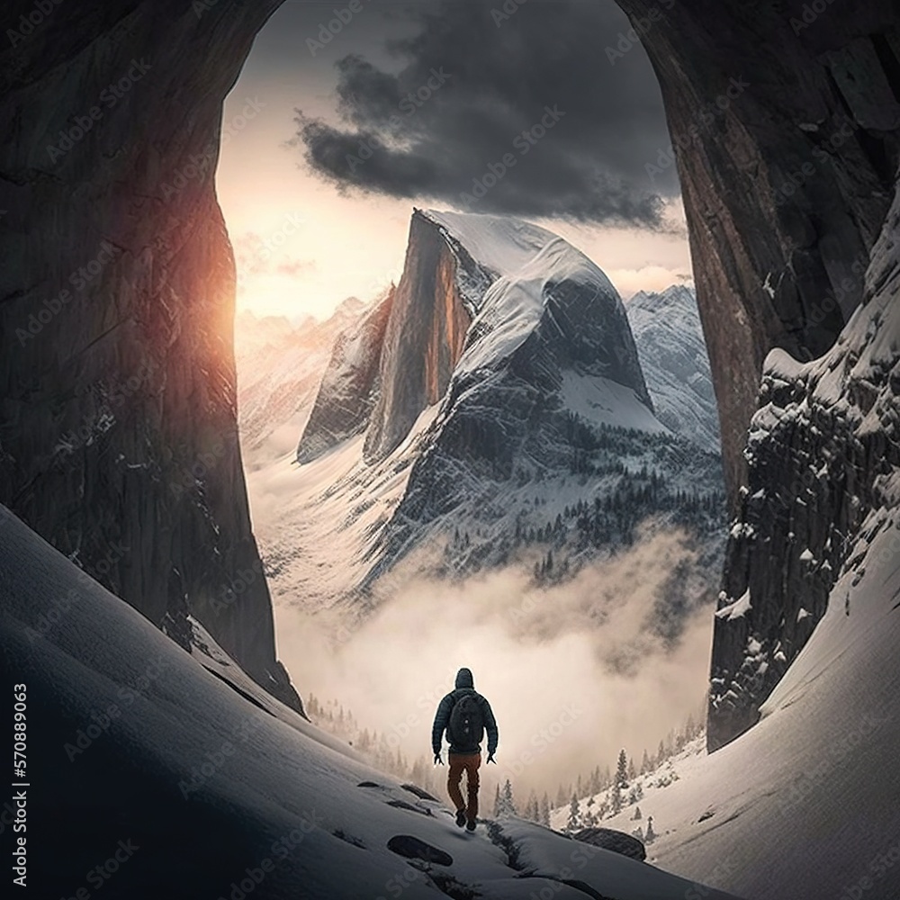Aufkleber a man standing in the middle of a snow covered mountain with a tunnel in the middle of the mountain 